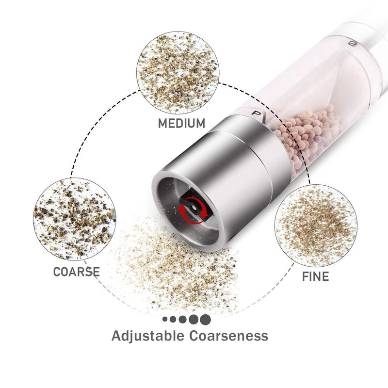 Mixoo Salt and Pepper Grinder - 2 in 1 Manual Stainless Steel Salt Pepper Mill Herb Spice Grinder Shakers Refillable with Adjustable Coarseness Ceramic Rotor and Dual Clear Acrylic Chamber - Image 3